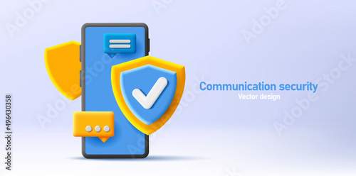 3d render illustration of a smartphone with shield and messages, a concept of security and privacy, safe chat, protection