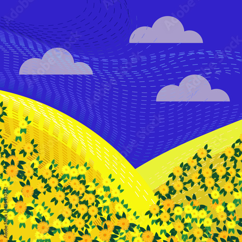 Poster design with a call to help and pray for Ukraine. Peacetime after Russian military operations in Ukraine. Image of a field of sunflowers and the sky in the style of impressionism