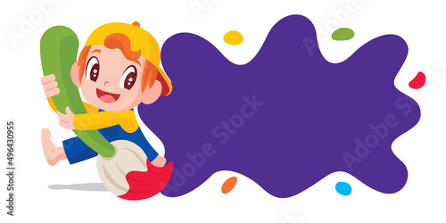 Happy cute little kid boy holding big art brush with paint splash as empty space on wall