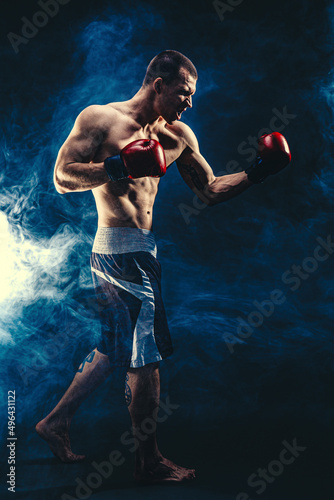 Full size of sportsman muscular boxer who fighting on black smoke background. Boxing sport concept