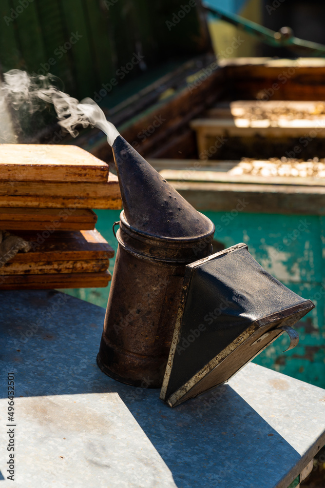 Equipment for smoking bees to keep them calm. Beekeeping. The beekeeper uses a smoking metal container that creates dense smoke Equipment for smoking bees to keep them calm. Beekeeping. The beekeeper uses a smoking metal container that creates dense smoke