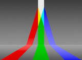 White light beam splitting into RGB primary colored stripes on cornered box 3D perspective grey background