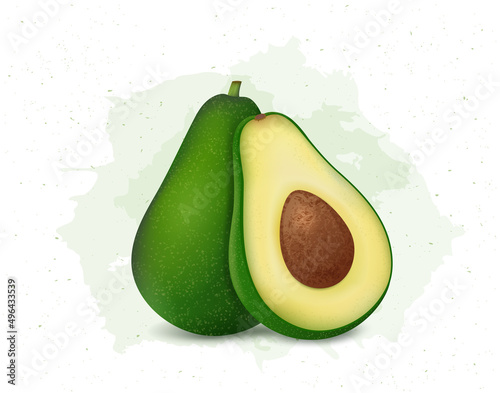 Avocado vector illustration with half piece of avocado with green leaf on white background