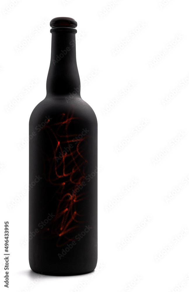 matte black wine bottle with red laser lines painting on white background matte black wine bottle with red laser lines painting on white background