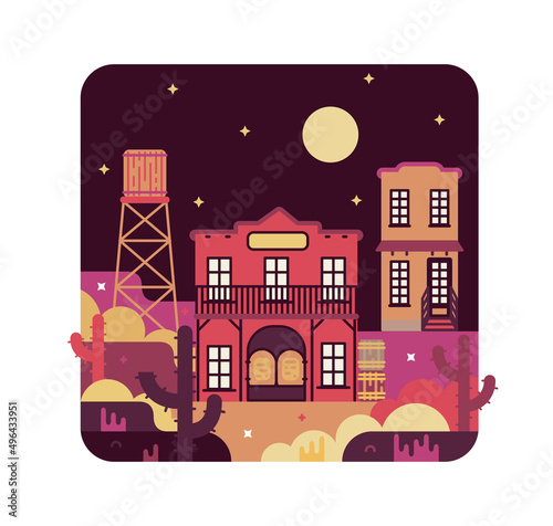 Wild west night vector cartoon illustration in flat stile.