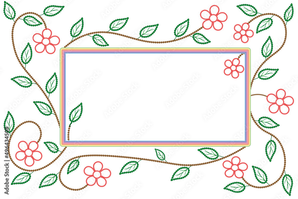 beautiful spring background with green leaves and red flowers on a white background