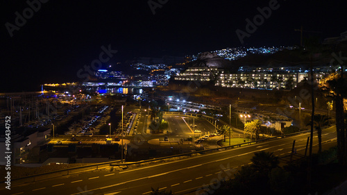 Beautiful night view of holiday resort town Puerto Rico de Gran Canaria  Canary Islands  Spain on the Atlantic coast with illuminated street and hotel.