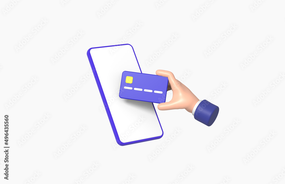 Hand Picking up credit card with smartphone Isolated on White background, grab, gesture, cartoon, business concept, 3d rendering. Hand Picking up credit card with smartphone Isolated on White background, grab, gesture, cartoon, business concept, 3d rendering.
