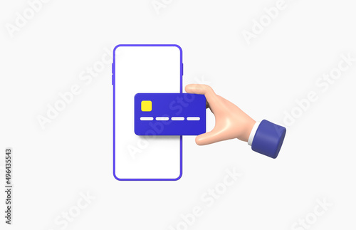 Hand Picking up credit card with smartphone Isolated on White background, grab, gesture, cartoon, business concept, 3d rendering.