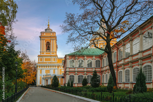 View of the bell tower of the Trinity Cathedral in the current male Orthodox monastery of the Holy Trinity Alexander Nevsky Lavra on an autumn morning, St. Petersburg, Russia © Ula Ulachka