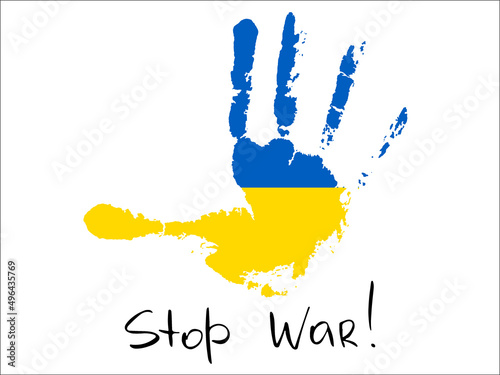 Vector palm in the colors of the ukrainian flag with stop the war in Ukraina.