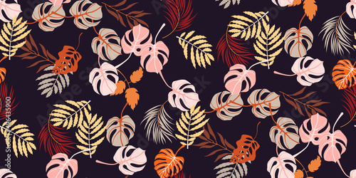 Colorful leaves in trendy style on dark background. Vintage leaves tropical palm, monsterera. Vector design for any purposes, bedding prints, wrapping paper, fabric, wallpaper, website, wall art photo