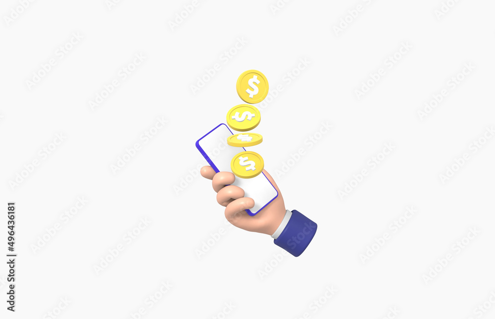 Hand holding smartphone with coin falling Isolated on White background, grab, gesture, cartoon, business concept, 3d rendering. Hand holding smartphone with coin falling Isolated on White background, grab, gesture, cartoon, business concept, 3d rendering.
