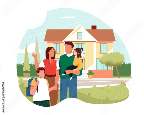 Happy family with children with house. Buying or mortgage house, real estate concept. Flat vector illustration. Cute family couple with children standing together on the street in front of their house