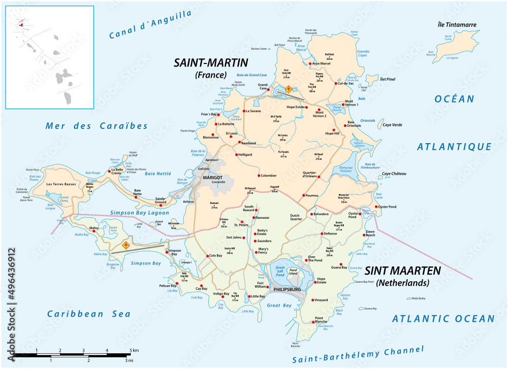 Road map of the Caribbean island Saint Martin, France, Netherlands