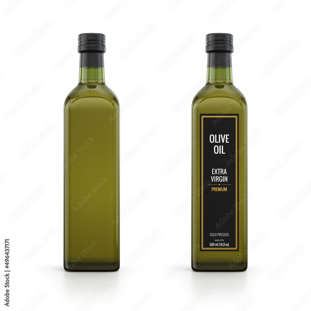 Olive oil glass bottle isolated on white. Mockup template design. 3d rendering