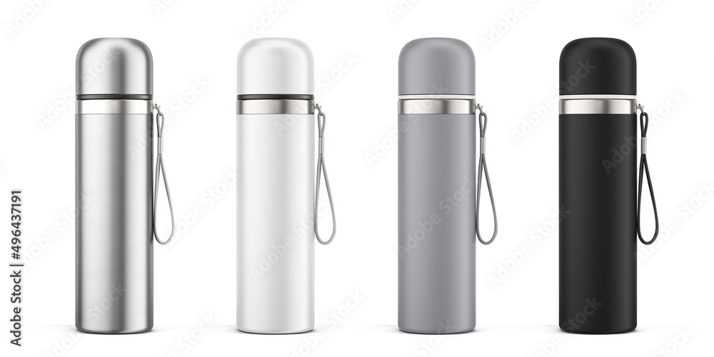 White, Gray, Black and Silver Empty Glossy Metal Thermos Water Bottle Isolated on White. 3d rendering White, Gray, Black and Silver Empty Glossy Metal Thermos Water Bottle Isolated on White. 3d rendering
