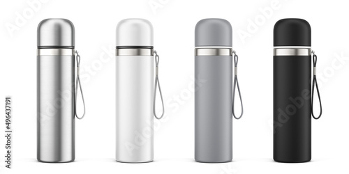 White, Gray, Black and Silver Empty Glossy Metal Thermos Water Bottle Isolated on White. 3d rendering photo
