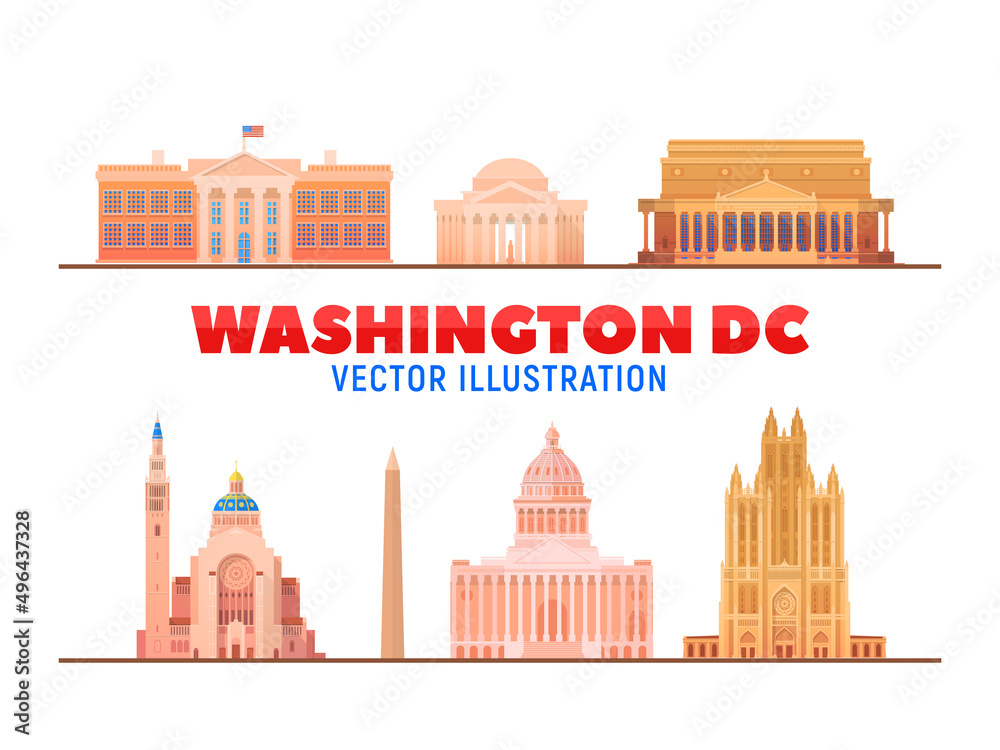 Washington DC, (USA) city landmarks and monuments isolated on white background.