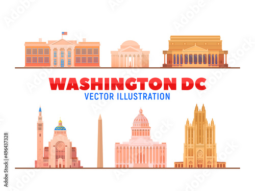 Washington DC, (USA) city landmarks and monuments isolated on white background.