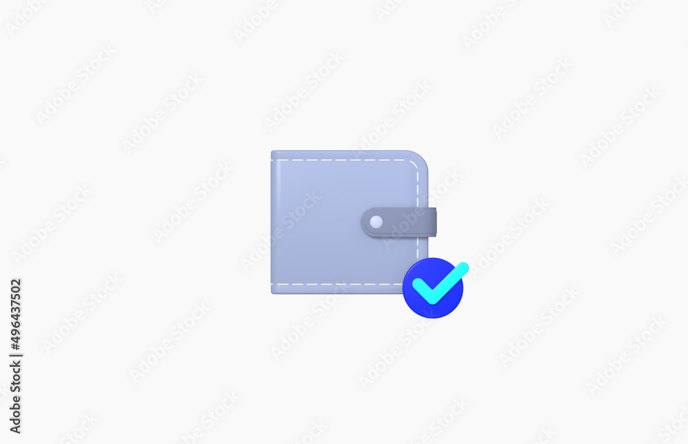 Money wallet with check mark Isolated on White background, cartoon, business concept, 3d rendering. Money wallet with check mark Isolated on White background, cartoon, business concept, 3d rendering.