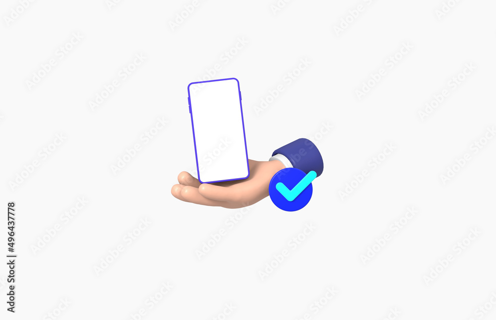Hand holding smartphone with check mark Isolated on White background, cartoon, business concept, 3d rendering. Hand holding smartphone with check mark Isolated on White background, cartoon, business concept, 3d rendering.