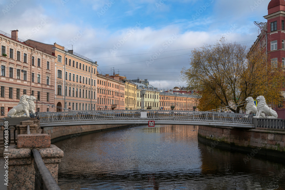 View of the Lion Bridge across the Griboyedov Canal on a sunny autumn day, St. Petersburg, Russia