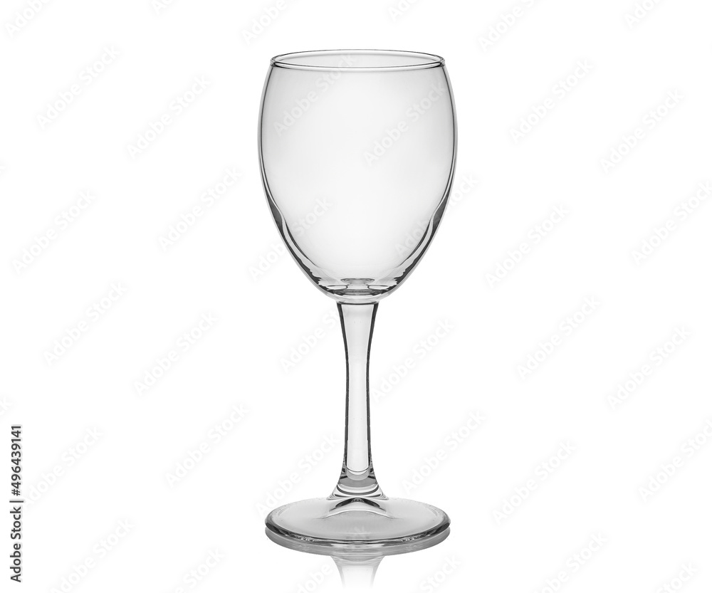 Empty transparent glass cup, shot glass, glass for wine, whiskey, cognac, martini, beer, juice and other drinks, isolated on white background. Dishes for bar, restaurant, pub.