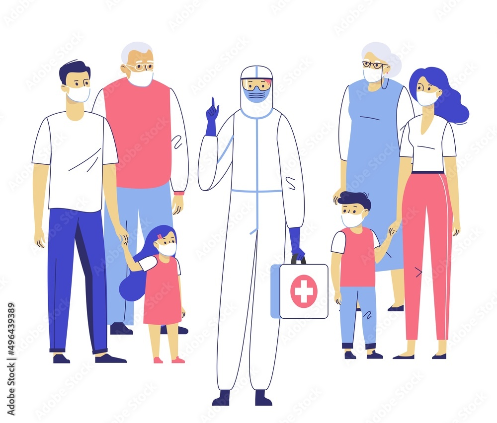 Concept of epidemic disease. Family doctor in viral hazard protective suit and patients in protective masks. Concept of epidemic disease. Family doctor in viral hazard protective suit and patients in protective masks.