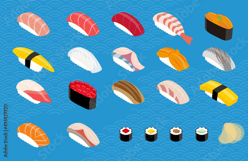 握り寿司と巻きずしの青海波背景のイメージイラスト