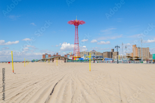 Parachute Jump at Luna Park, Coney Island with empty Beach in front during sunny winter day, NYC photo