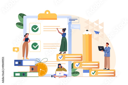 To do list with task priorities, notepad with check marks and pencil. Tiny people doing priorities checklist flat vector illustration template. Work planning, time and project management concept. photo