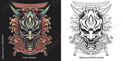 oni mask with roses and tori gate vector illustration