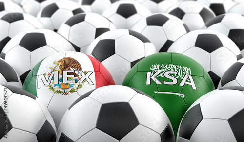 Mexico vs. Saudi Arabia Soccer match - Soccer balls in Mexico and Saudi Arabia national colors. 3D Rendering 