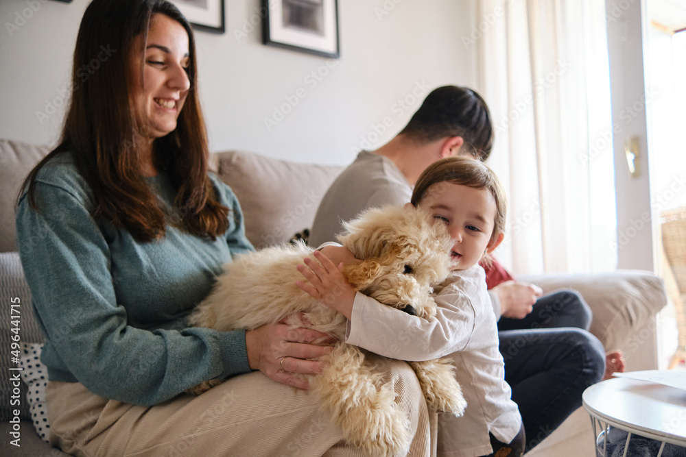 Little girl hugging her dog while enjoying time with her family at home. Little girl hugging her dog while enjoying time with her family at home.