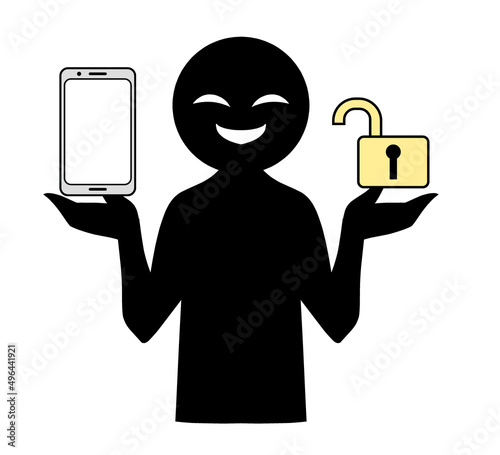 スマホのセキュリティーを解除する悪人のイメージの素材