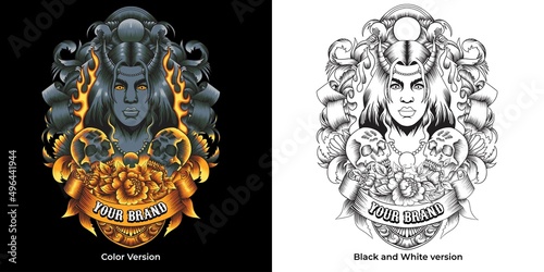 Colorful tattoo vintage template with horned girl, roses, and skull on dark background isolated vector illustration