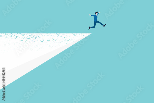 businessman jumping. Concept of finance, economy, professional occupation, ad. courage and bravery vector concept. Symbol of new career opportunity, risk overcoming, ambition and motivation.