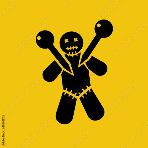 Voodoo doll black icon. Heedle in heart, prick it into toy photo