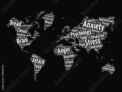 Anxiety word cloud in shape of world map, health concept background