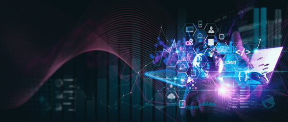 Digital software technology,Computer programmer, mobile app development concept. software developer coding technology computer with javascript and binary code.