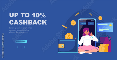 Online payment or money refund program vector illustration concept. Woman gets cashback for purchase in shop. Online banking. Cashback service and save money or shopping through mobile app web banner.