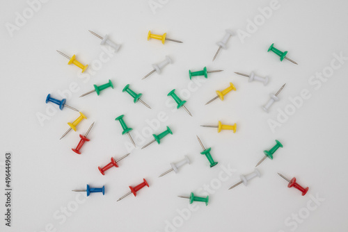 close up of various pushpins on white background with clipping path