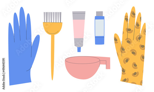 Hair coloring kit at home. Gloves, bowl, brush, tube of paint and oxygen. Flat vector illustration. Eps10.