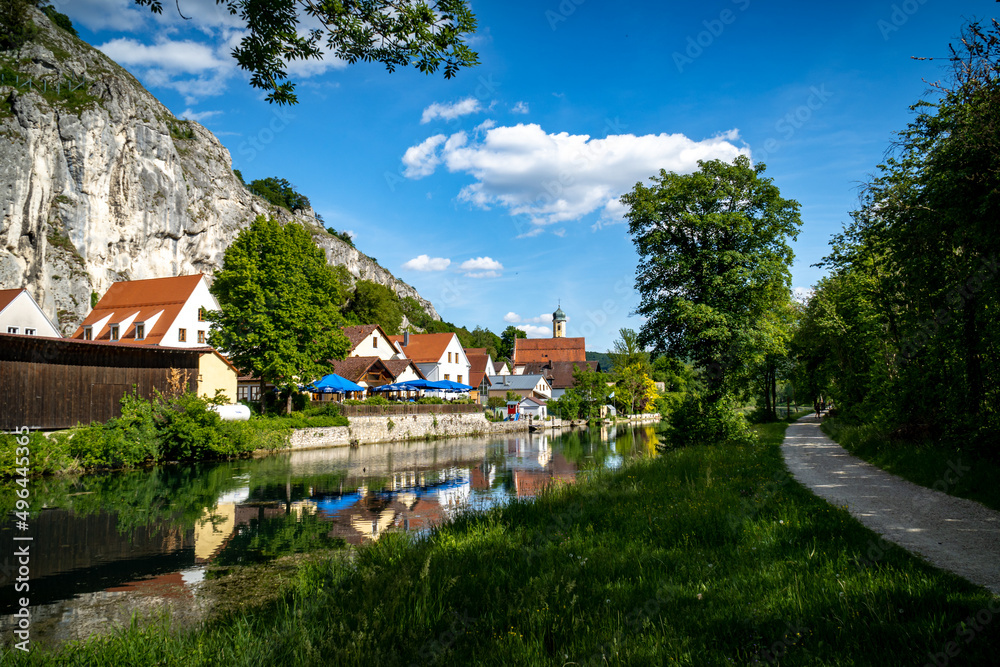 Idyllic view of the village of Markt Essing in Bavaria, Germany in the Altmühltal on a sunny day in spring