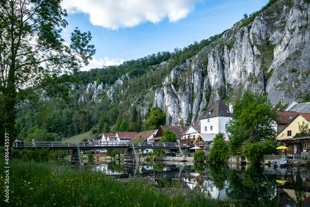 Idyllic view of the village of Markt Essing in Bavaria, Germany in the Altmühltal on a sunny day in spring