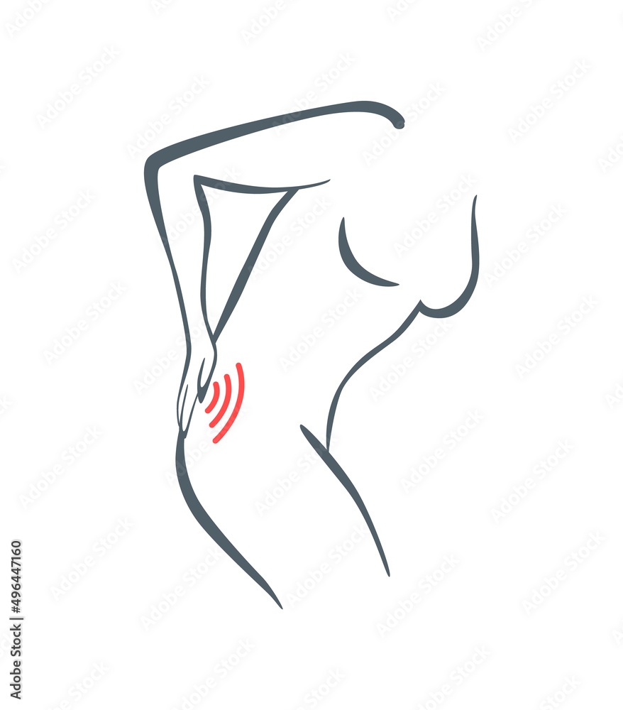 Body part pain. Woman feels pain in back marked with red lines. Vector foci of pain or trauma symbols, grey art line illustration Body part pain. Woman feels pain in back marked with red lines. Vector foci of pain or trauma symbols, grey art line illustration