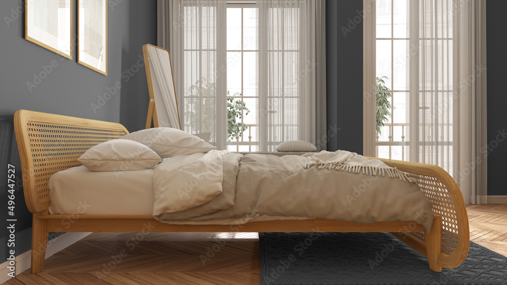 Minimalist scandinavian wooden bedroom with rattan furniture in gray tones, double bed with duvet and pillows, parquet, window, carpet, mirror and decors. Modern interior design