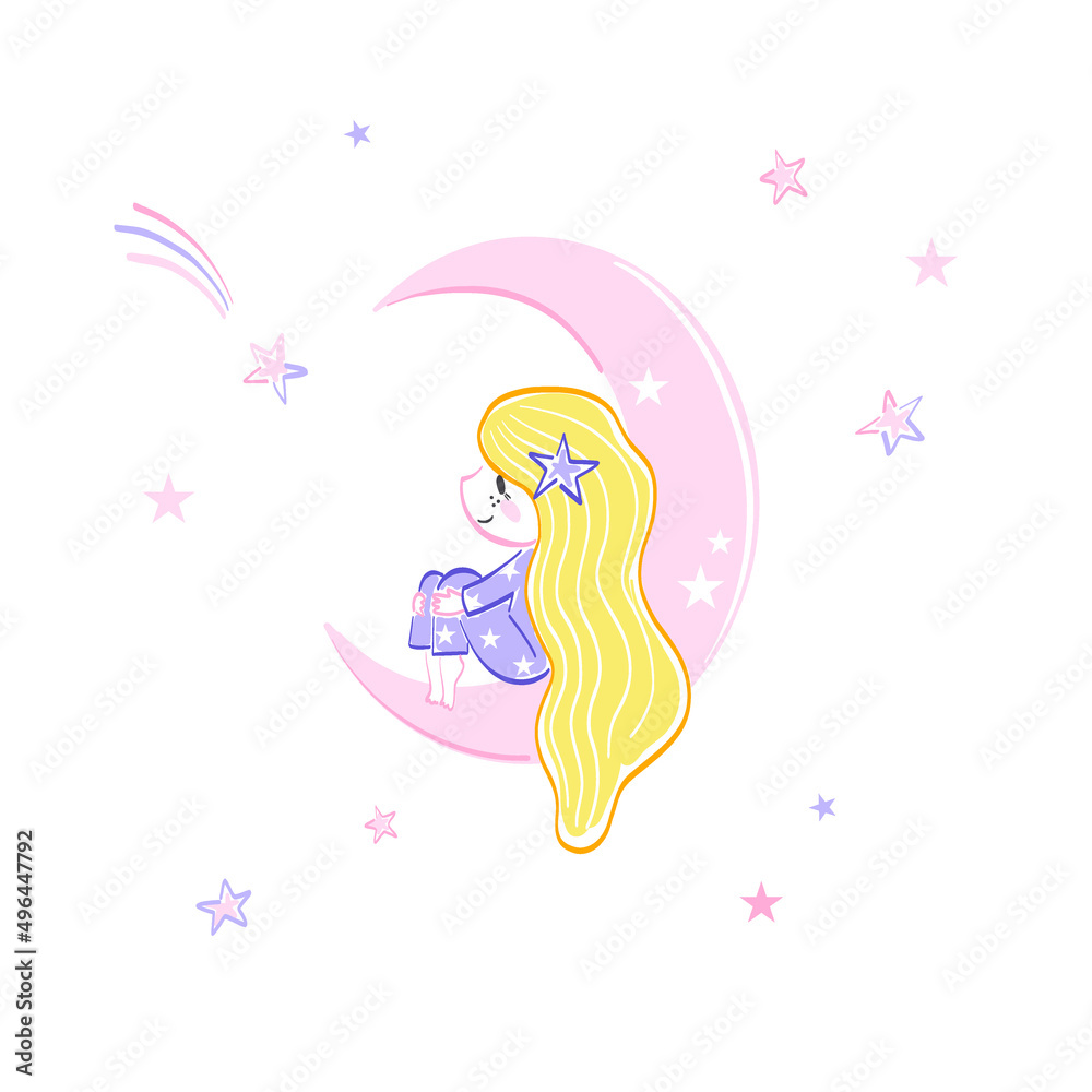 Cute little girl in starry pyjamas sitting on crescent in a night sky