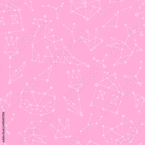 Whimsy Constellation Cat Dinosaur Tiny house Tulip Crown Bird vector seamless pattern. Girlish celestial pink galaxy sweet dreams background. Pyjamas party surface design.